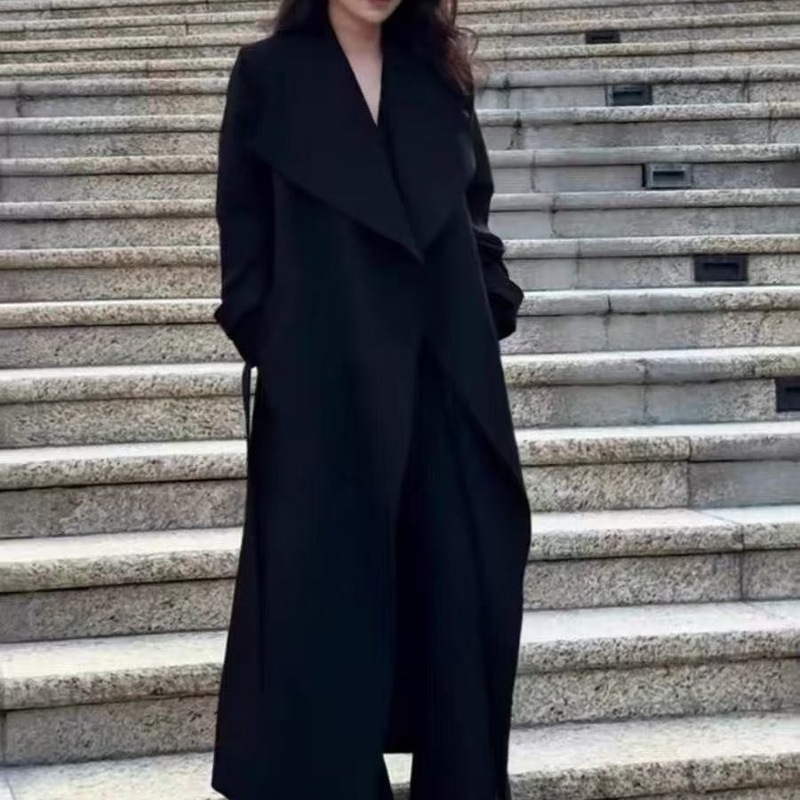 黑色毛呢大衣女感长款2025秋冬季新款韩系赫本风过膝呢子外套|undefined