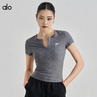 Alo Yoga Short-Sleeved Women's Running Sportswear Half-Zip Summer Nude Slimming Look Elegant Top Pilates Fitness