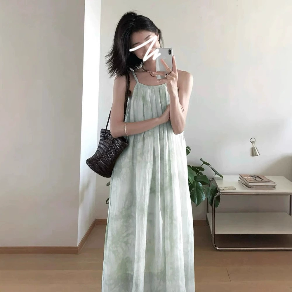 Французское зеленое платье-слинг детское лето 2025 новый маленький человек на пляже праздник темперамент тонкое длинное платье
