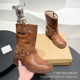 真皮粗跟保暖羊毛雪地靴中筒靴套筒英伦风方头马丁靴女西部牛仔靴