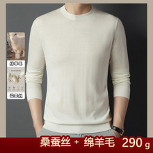 2024新款秋季桑蚕丝+绵羊毛圆领男士长袖毛衣男薄款青年打底男装