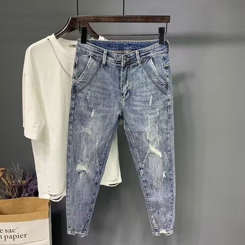 Men's Slim Fit Cropped Jeans Distressed Elastic Stretch Denim_voghion.com