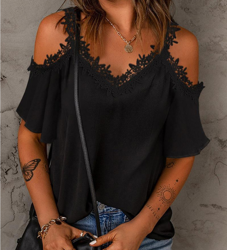 2023 Women's wish Amazon ebay Sexy Eyelashes Lace V-Neck Shoulder Short Sleeve Top T-Shirt in Stock 2023 Women's wish Amazon ebay Sexy Eyelashes Lace V-Neck Shoulder Short Sleeve Top T-Shirt in Stock