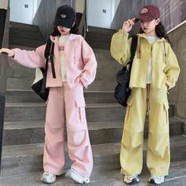 女童宝宝韩版纯色套装中大童春秋新款时尚字母连帽外套裤子两件套