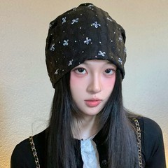 韩版蝴蝶结波点条纹包头帽女秋季薄款透气百搭显脸小宽松堆堆帽子