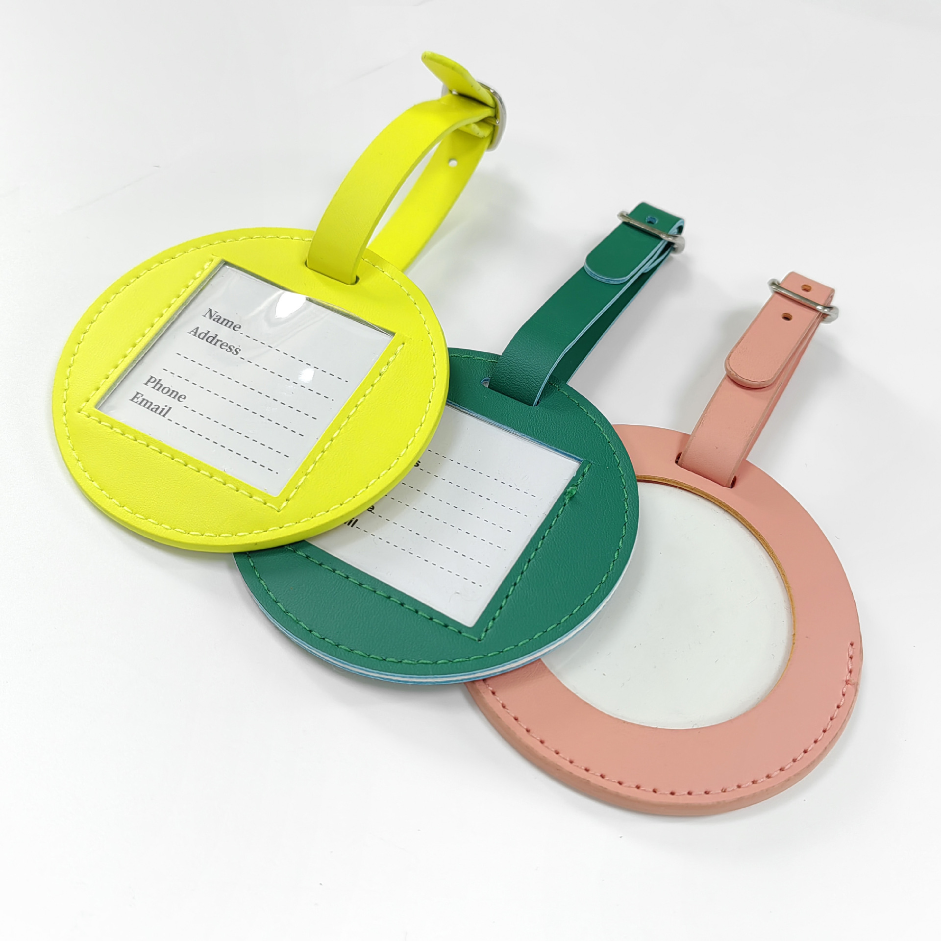 Round PU luggage tag, leather suitcase tag, travel identification tag, embossed and printed logo, custom gift