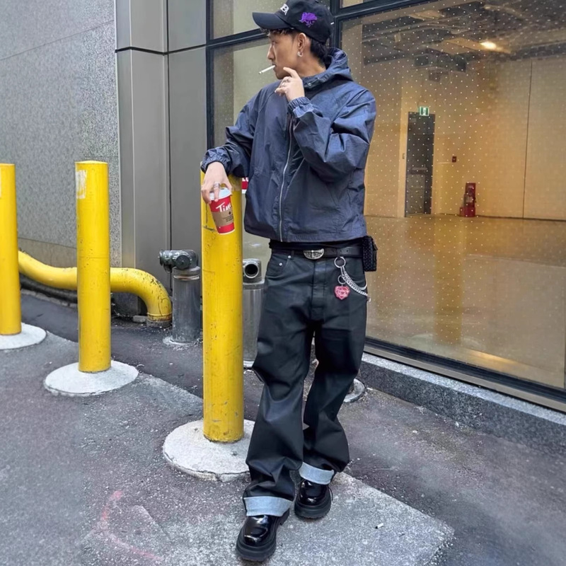 Ro Style Authentic Version Gali Same Style Original Color Straight Loose Wax-Coated Denim Pants Black Straight Jeans