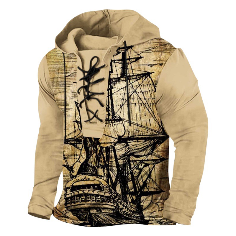 Invierno transfronterizo hombres europeos y americanos comercio exterior retro impresión digital con cordones más el tamaño con capucha camiseta de manga larga para hombres