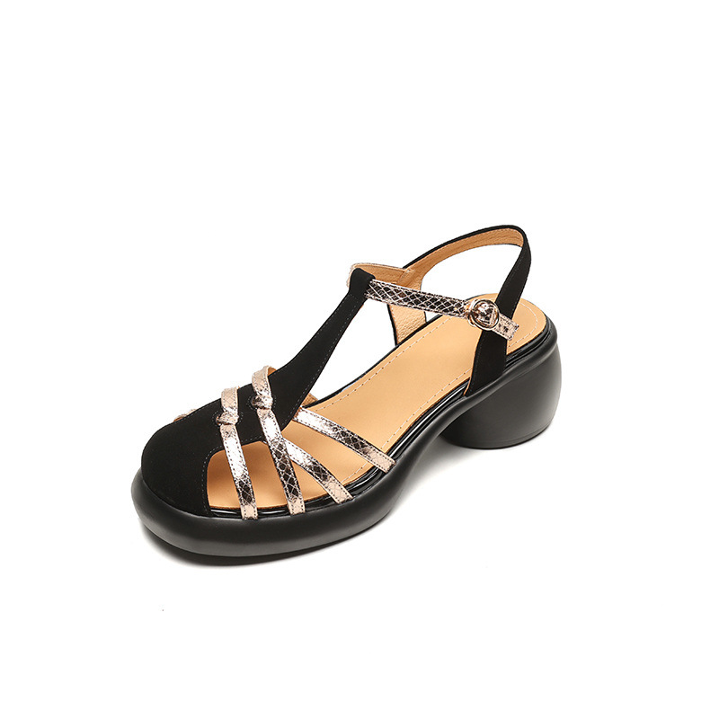 Sandal nữ da lộn quai mảnh dệt, mũi kín khóa chữ T, gót cao đế dày — Màu đen