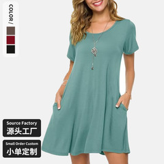 欧米の人気商品の丸首カジュアル女性用ワンピースの純色がゆらゆらしています。