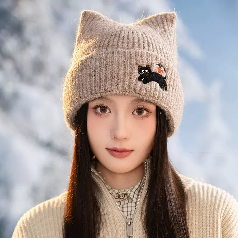 韩版秋冬季帽子女款毛线针织帽显脸小包头帽百搭可爱猫耳保暖冷帽