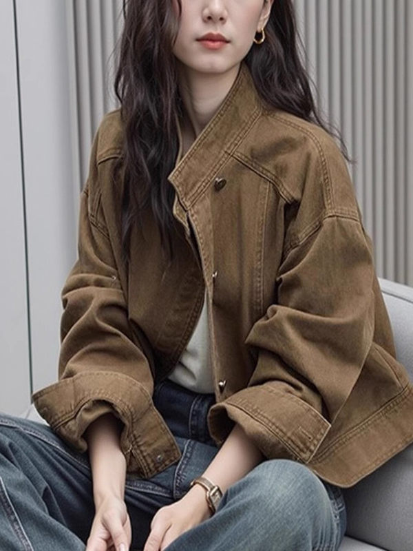 Áo khoác ngắn denim màu nâu cà phê dáng rộng cổ đứng tay dài — Màu nâu (màu cà phê trà)