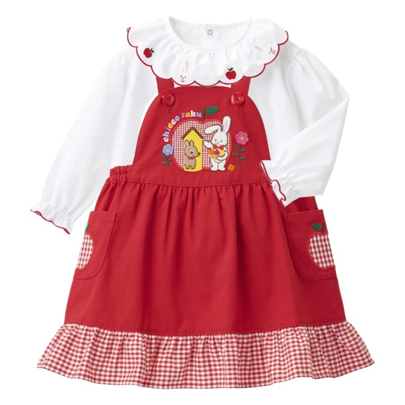 Camisa niña japonesa dibujos animados conejito manzana bordado cuello de muñeca camisa de manga larga camisa de fondo