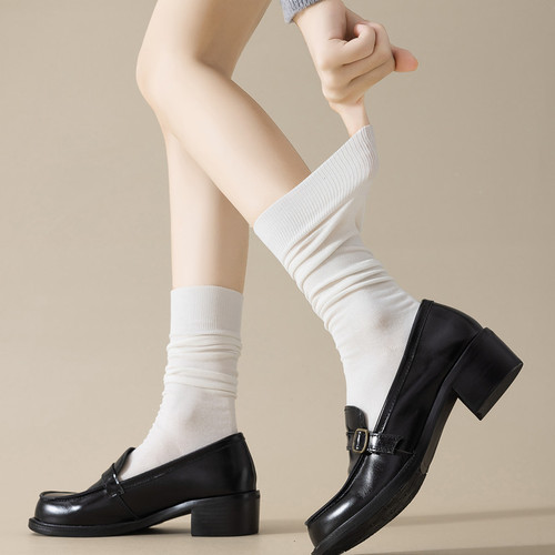 Solid Color Stocking Women Spring Breathable Semi-Calf to Mid-Calf Socks Pair with Loafers No-Bone Cotton Socks