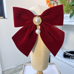 TOAST clothing headdress velvet spring clip elegant bow red vintage hair accessories big Pearl hairpin
