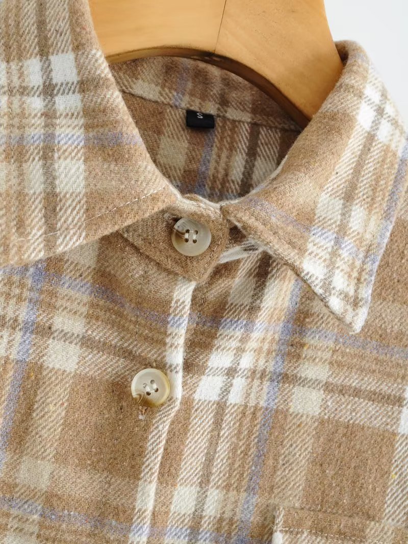 lapel single-breasted check pattern loose shirt jacket NSAM139071