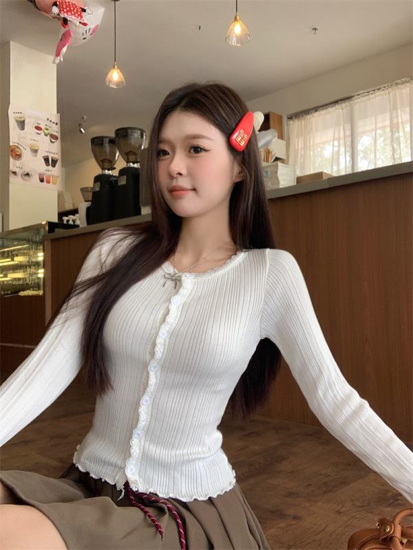 小个子短款蕾丝花边圆领长袖针织衫上衣女装修身显瘦开衫毛衣秋季|undefined