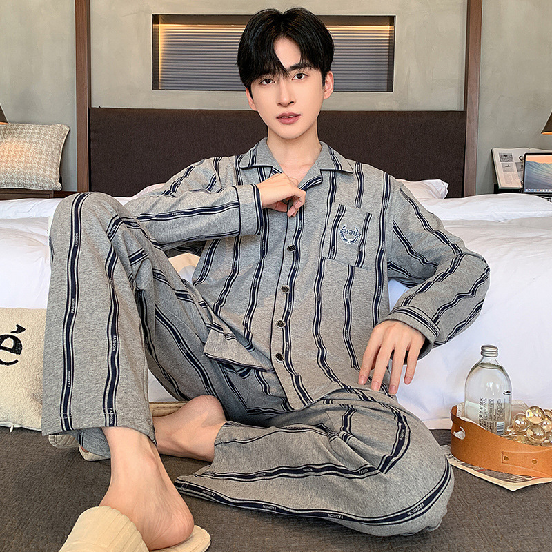 2025 新しいパジャマメンズ秋と冬の綿ルーズ長袖カーディガンラペルハイエンドホームウェアセット