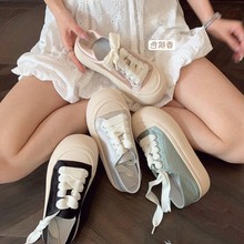 系带饼干鞋女2024年新款休闲鞋韩国圆头真丝绸缎厚底大头丑萌板鞋