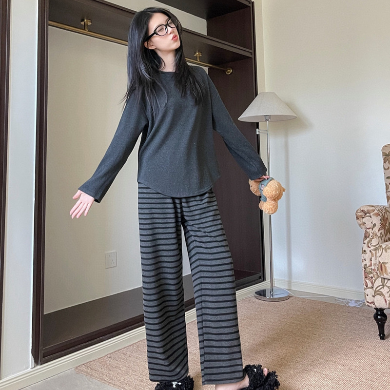 MADNONO慵懒条纹可外穿家居服套装女士宽松休闲舒适长袖长裤睡衣|undefined