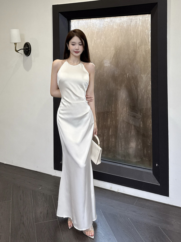 伊莉雅无袖褶皱缎面鱼尾裙女 夏季法式设计感高级感连衣裙CF25184|undefined