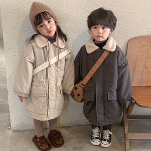 South Korea children's clothing children's long fleece-lined thick windbreaker warm coat boys and girls baby new cotton-padded coat