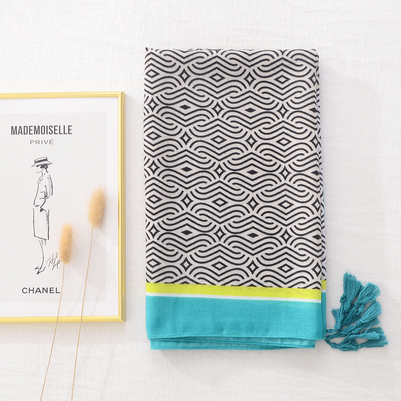 Amazon transfronterizo Primavera fina bufanda de seda de las mujeres del todo fósforo chal de viaje patrón geométrico cáñamo algodón y lino sensación bufanda