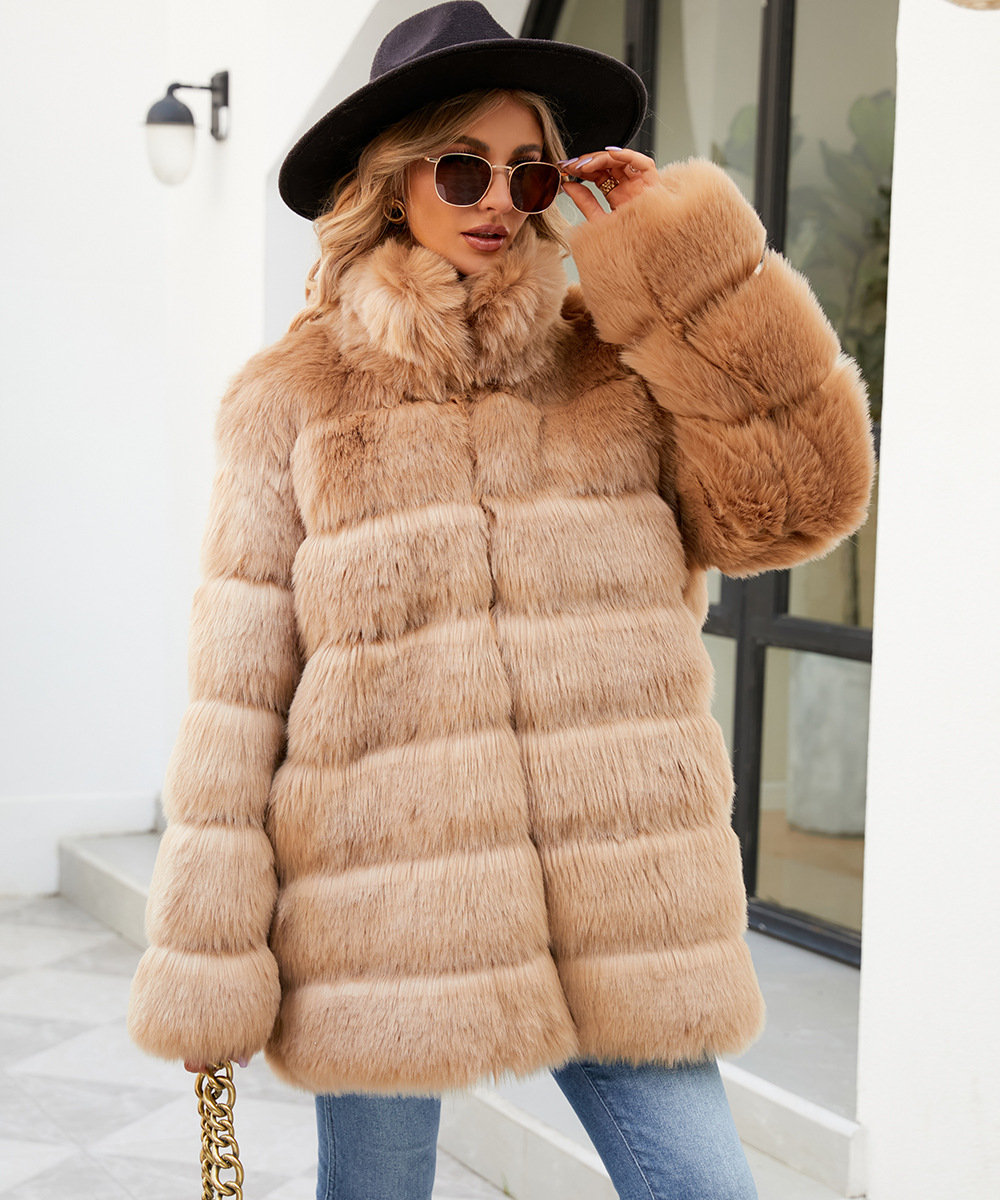 Vêtements pour femmes manteau de fourrure hauts décontractés pour femmes automne et hiver nouvelle mode populaire manteau à rainure horizontale_voghion.com