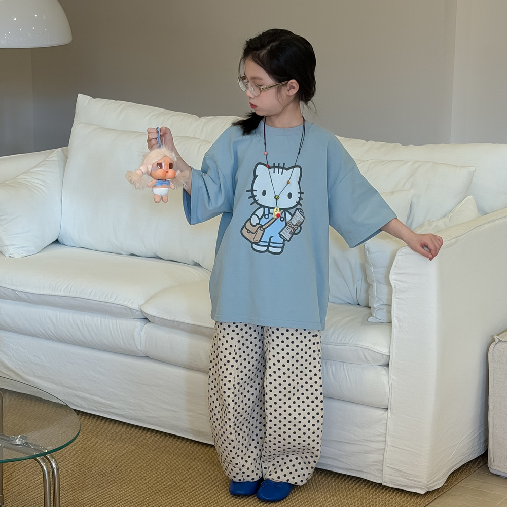 末小蒙2026夏季韩版女童卡通印花kitty宽松百搭纯色休闲圆领上衣