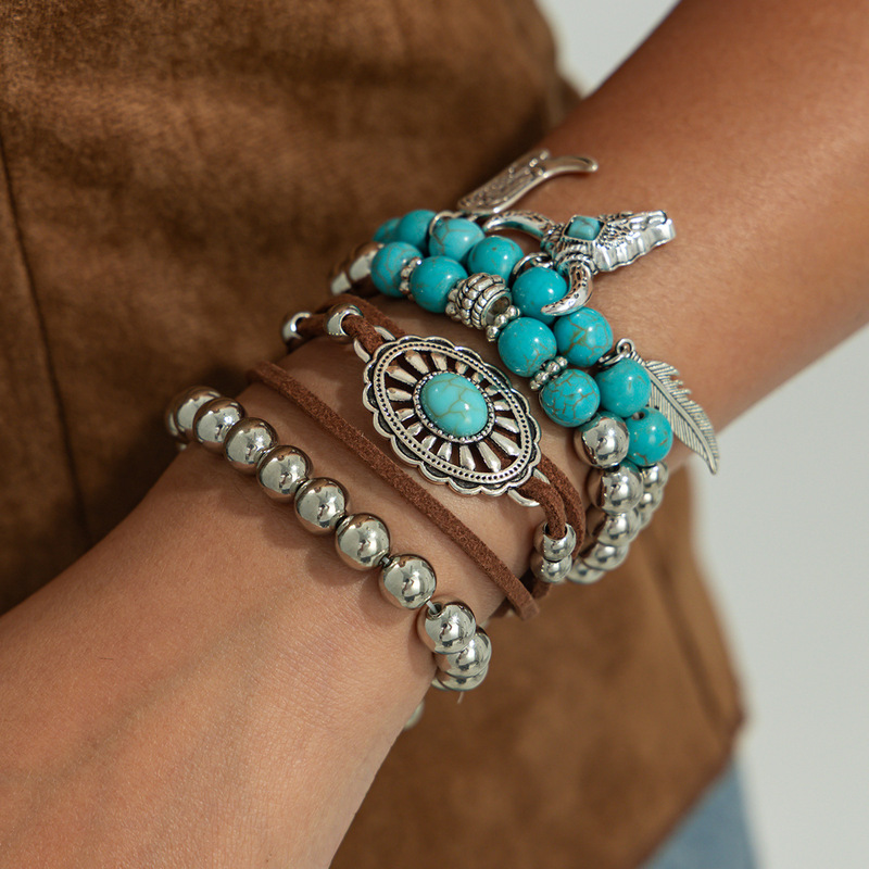 European and American Cross-Border Retro Ethnic Style Bull Head Pendant Bracelet Set Bohemian Flower Plate Turquoise Beaded Bracelet