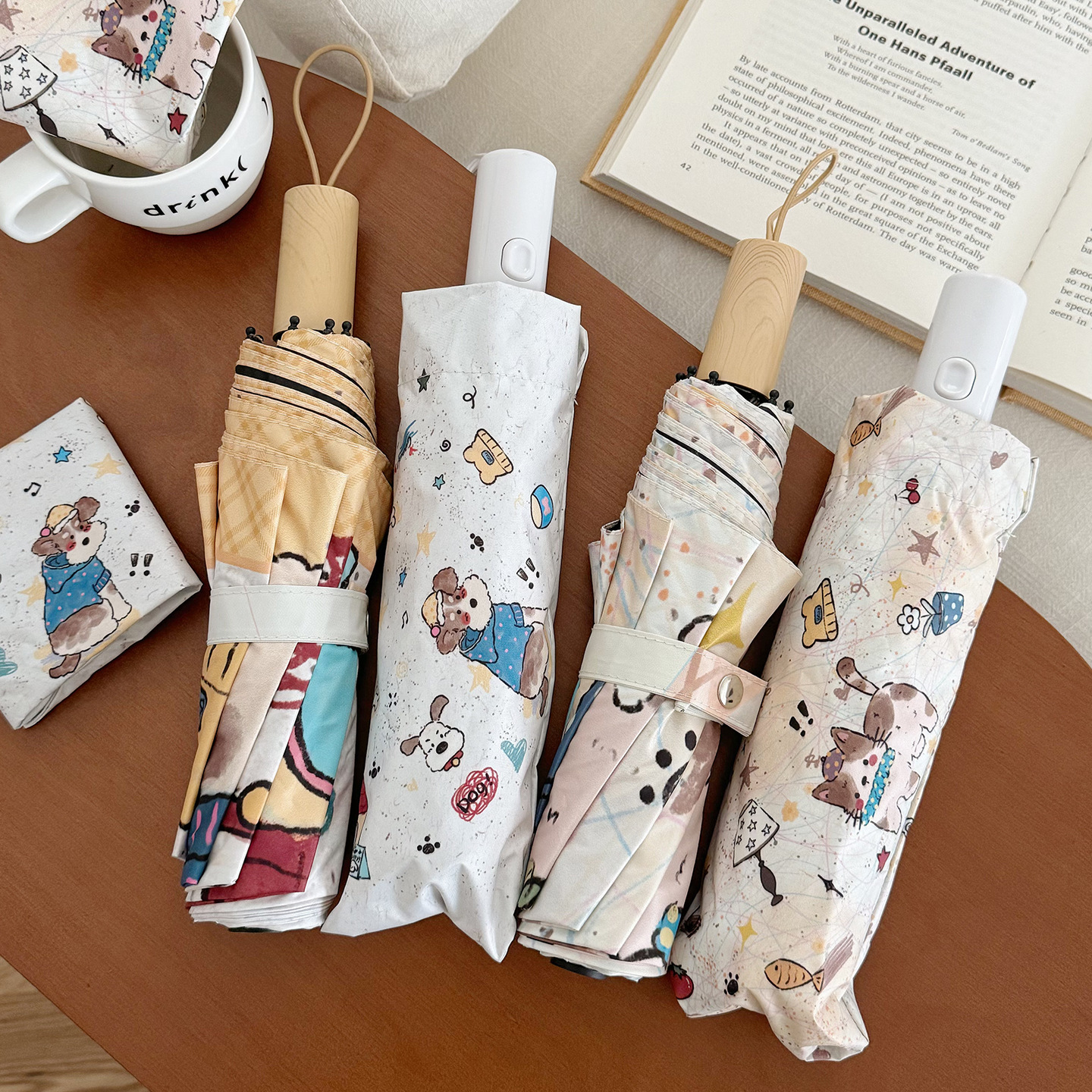 Top Quality Cute Cartoon Graffiti Folding Students, Dual-Use For Sun And Rain, Automatic Sunshade Umbrella With UV Protection_voghion.com