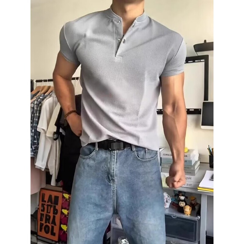 American White Heavyweight Henley Collar Short-Sleeved Men's and Women's Summer Stiff Polo Shirt T-Shirt Showing Muscle Fitness Half-Sleeve