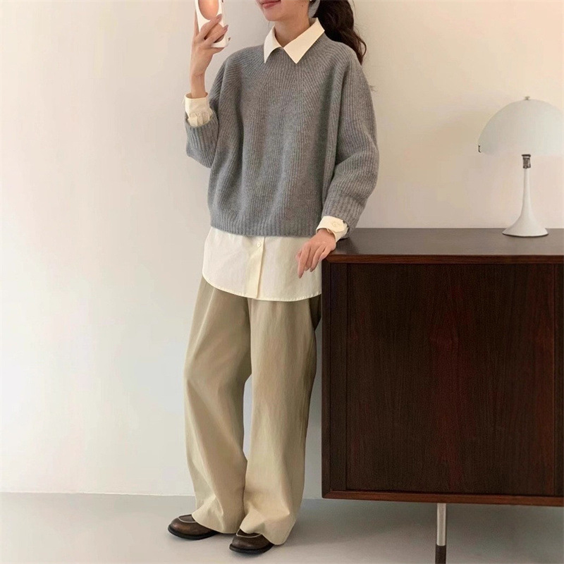 日系慵懒风休闲套头毛衣女秋冬季宽松软糯针织衫跨境上衣两件套装|undefined