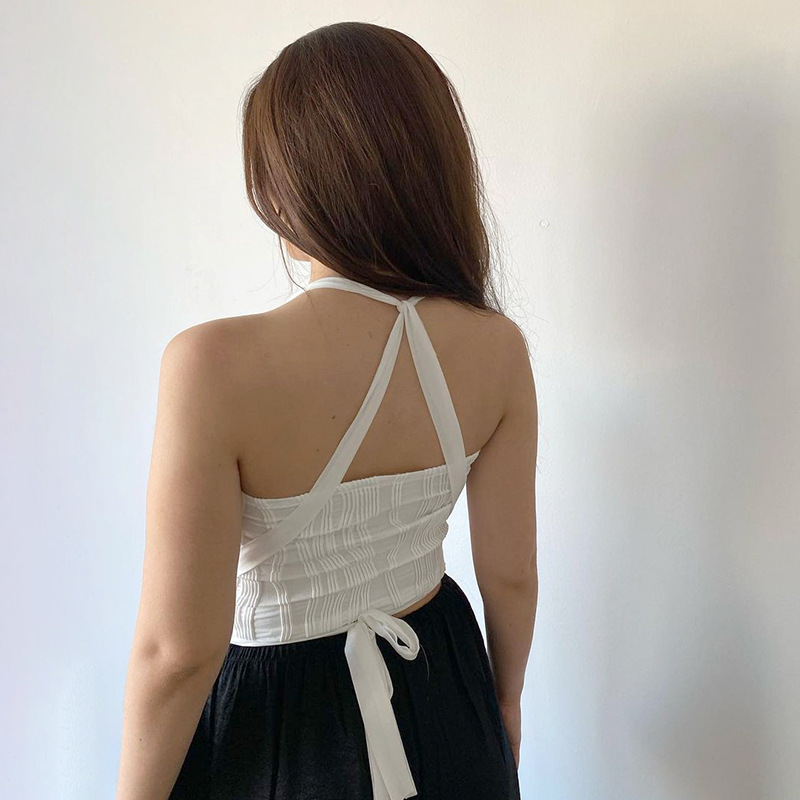 backless hanging neck lace-up slim short solid color vest NSXE134609