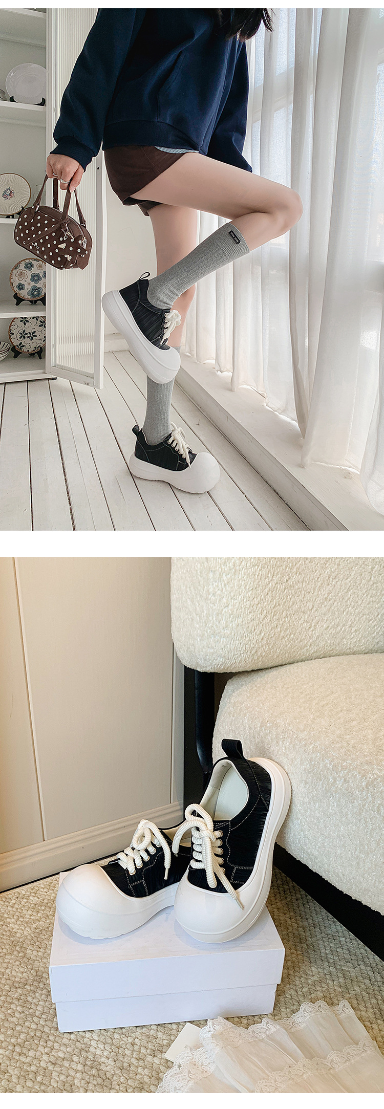 Giày sneaker nữ đế dày chunky mũi to phong cách bánh mì dây buộc tăng chiều cao — màu đen, màu hồng, màu trắng chi tiết 19