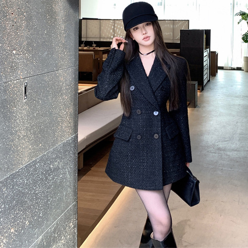 Super good-looking black suit woolen coat small fragrant style casual waist woolen coat women's autumn and winter new style