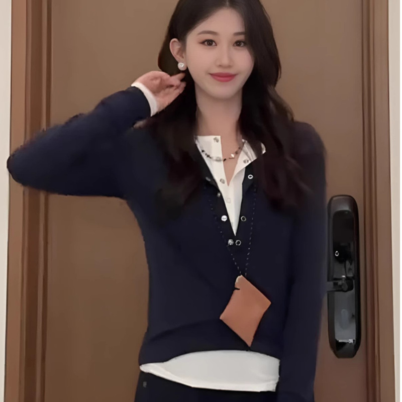2025 春ヘンリーカラー黒偽ツーピース長袖 Tシャツ女性のための春スリムボトリングシャツトップ|undefined