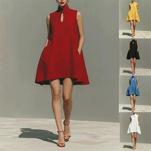 New European and American Style Summer Dress, Sleeveless Linen, 2026 European and American Cross-Border Independent Site Amazon Hot-Selling Butterfly Buckle