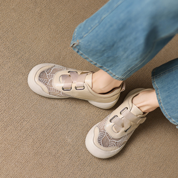 Giày sneaker nữ phối màu da thật lỗ thoáng khí đế bệt buộc dây kết hợp miếng dán — màu trắng ngà chi tiết 23