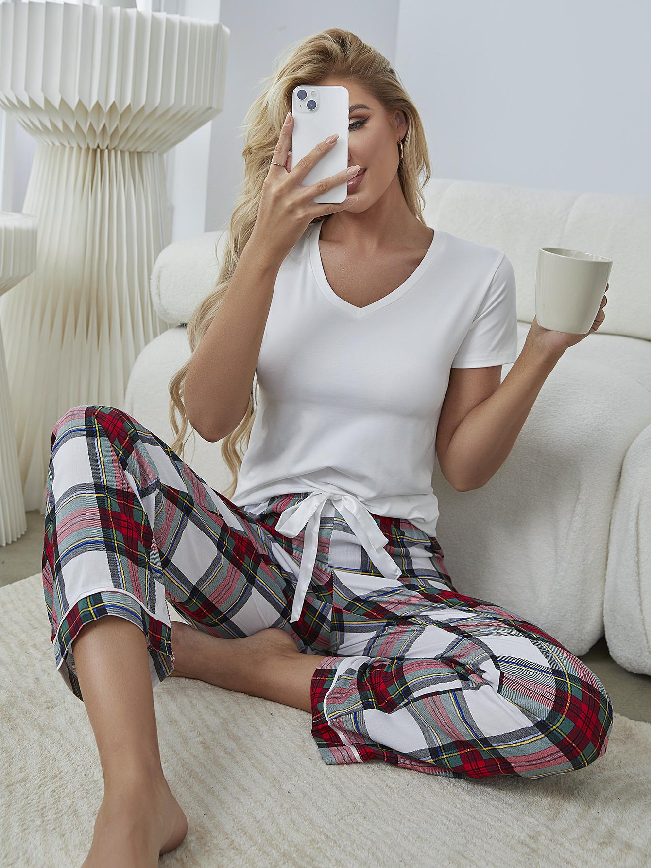 short-sleeved v neck loose plaid two-piece Loungewear-Can be worn outside NSWFC130341