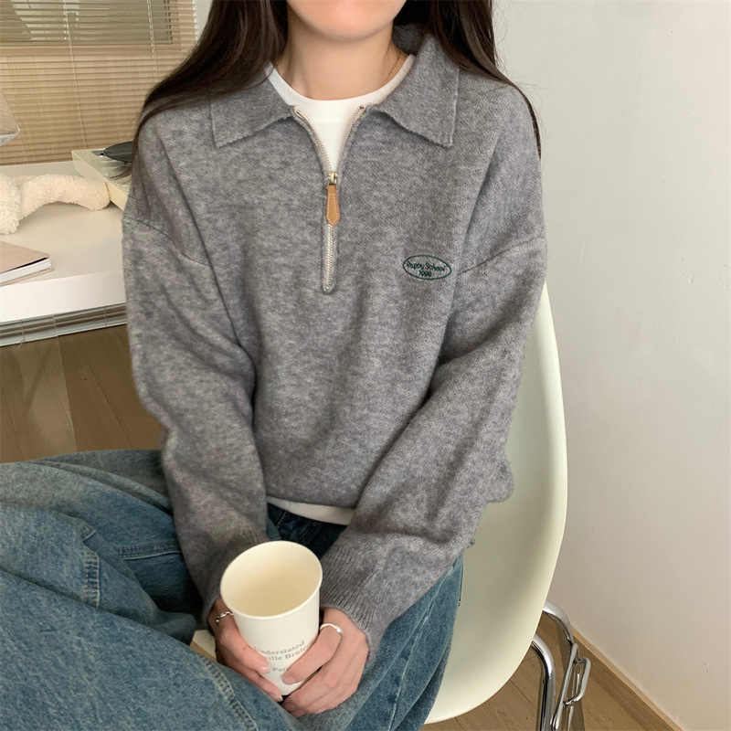 高级感韩版Polo领拉链针织毛衣女秋冬外套休闲松弛感软糯加厚上衣|undefined