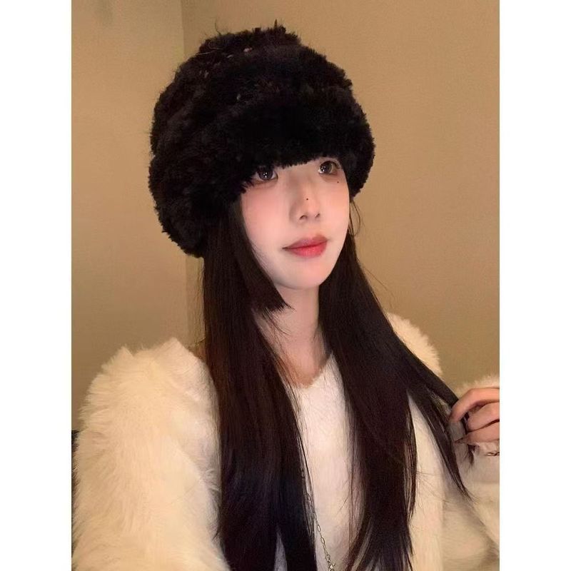 小糖豆毛线帽子女冬季显脸小加厚保暖针织毛绒帽毛茸茸白色渔夫帽|undefined