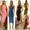 Solid color suspender sleeveless sexy high waisted vest open back dress