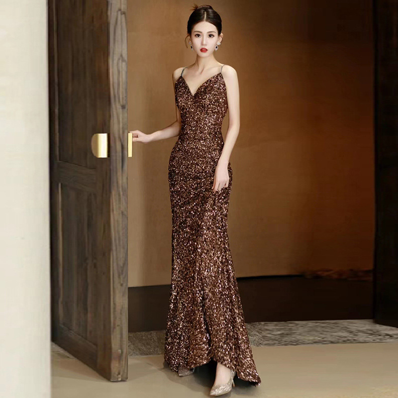 Golden Strap Elegant Evening Dress High-end Sequins Backless Slim Fishtail Dress Host Birthday Dress Long
