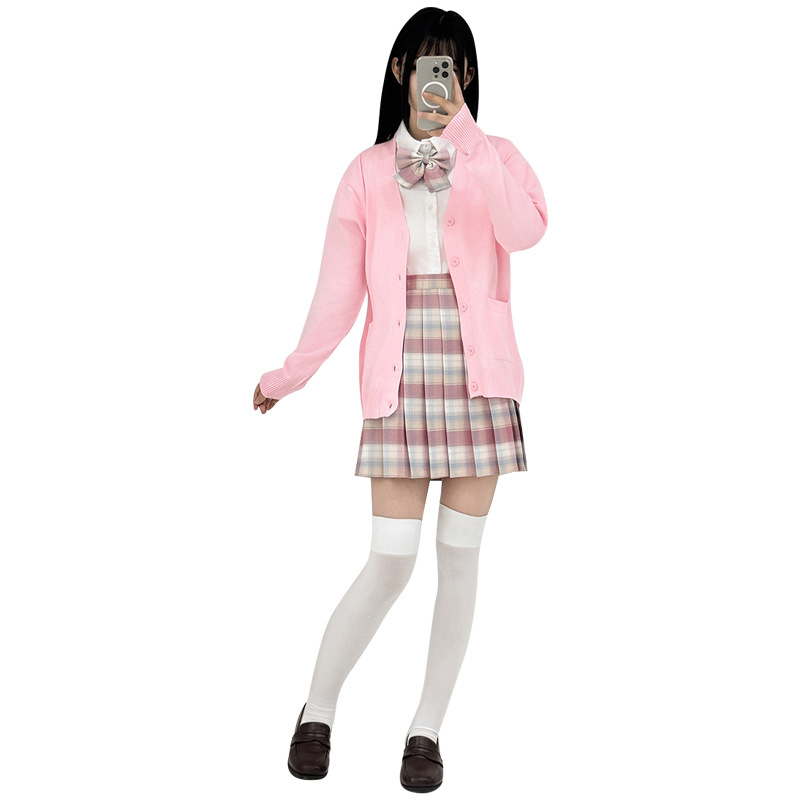 부드럽고 달콤한 핑크 가디건 브이넥 JK 니트 스웨터와 JK 대학 스타일 JK 교복 정장 봄 가을 가디건