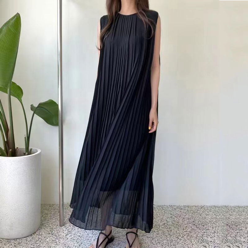 In Stock 2026 Japanese-Style Rakuten Summer Waist-Cinching Slimming Sleeveless Pleated Chiffon Long Dress with Belt