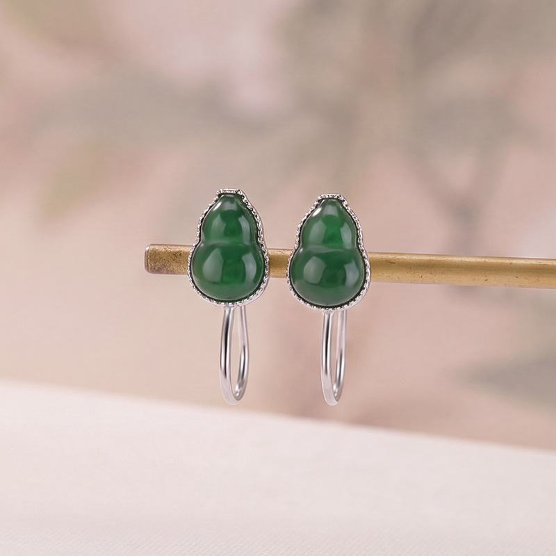Bông tai bạc S925 mạ vàng đính đá hồ lô phong cách cổ điển, kẹp không xỏ lỗ — Loại bạc