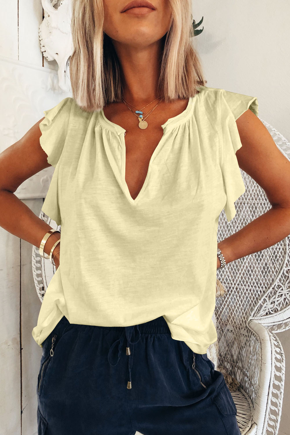 summer solid color v-neck lotus leaf short-sleeved top  NSSI120256