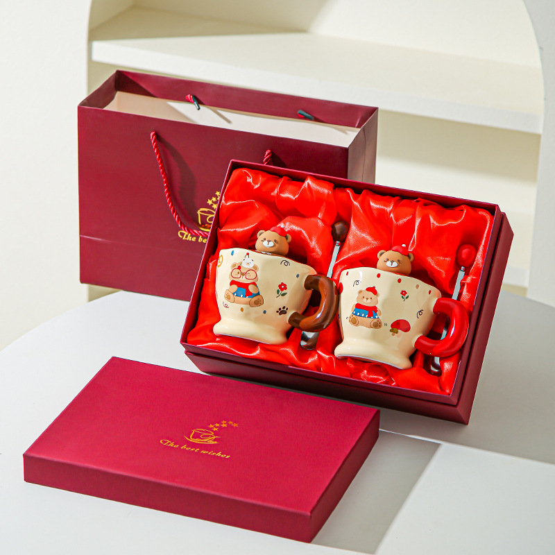 Creativa encantadora caricatura de cerámica tazas de marca pareja de tazas un par de tazas caja de regalo de boda regalos de mano