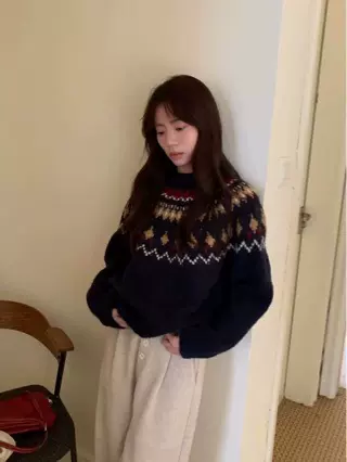 2023冬季新款情侣毛衣宽松圆领提花针织衫男女慵懒风美式复古上衣